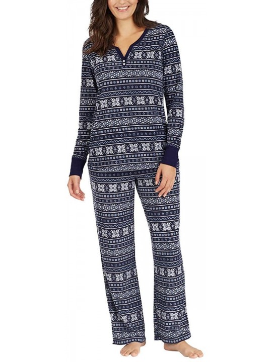 Women's 2 Piece Fleece Pajama Sleepwear Set - Navy Fair Isle - C9188WLGY6Q