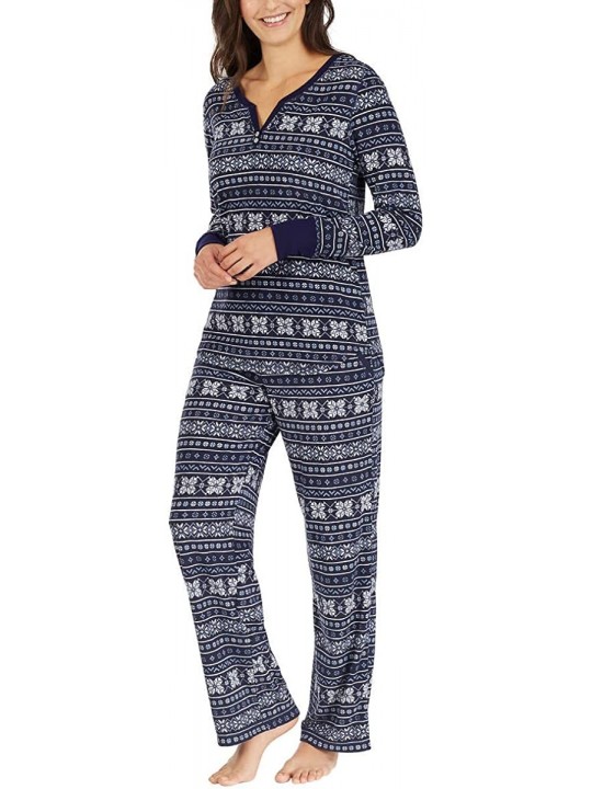 Women's 2 Piece Fleece Pajama Sleepwear Set - Navy Fair Isle - C9188WLGY6Q