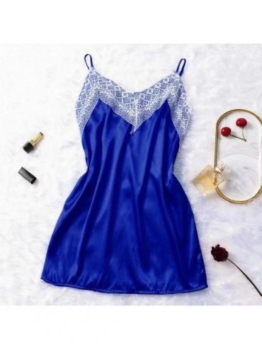 Robes New Women Lace Satin Silk Sleepwear V-Neck Lingerie Pajamas Nightdress Underwear - Blue - CY194L8OWYM $11.99