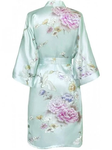 Robes Women's Satin Kimono Robe Short - Floral - Chrysanthemum & Crane - Mist - CU18XNNWSQ7 $25.30