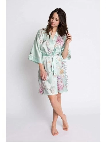 Robes Women's Satin Kimono Robe Short - Floral - Chrysanthemum & Crane - Mist - CU18XNNWSQ7 $25.30