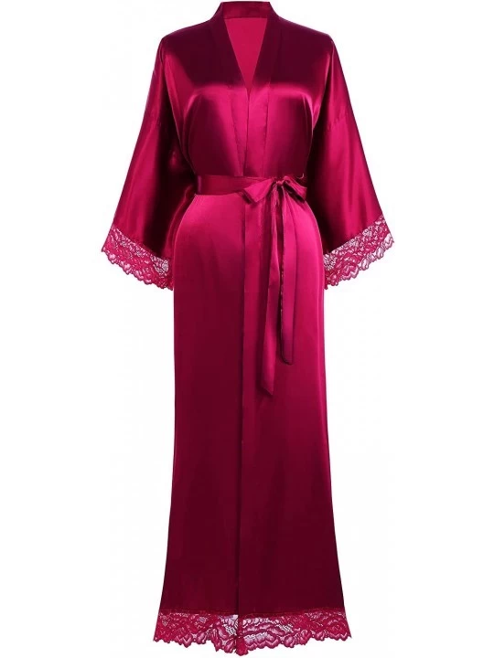 Robes Satin Kimono Robe Long Bridesmaid Wedding Bath Robe with Lace Trim - Winered - C9198Q6AMK8 $35.03