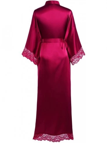 Robes Satin Kimono Robe Long Bridesmaid Wedding Bath Robe with Lace Trim - Winered - C9198Q6AMK8 $35.03