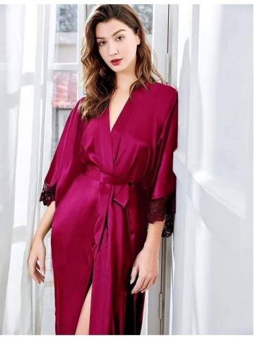 Robes Satin Kimono Robe Long Bridesmaid Wedding Bath Robe with Lace Trim - Winered - C9198Q6AMK8 $35.03