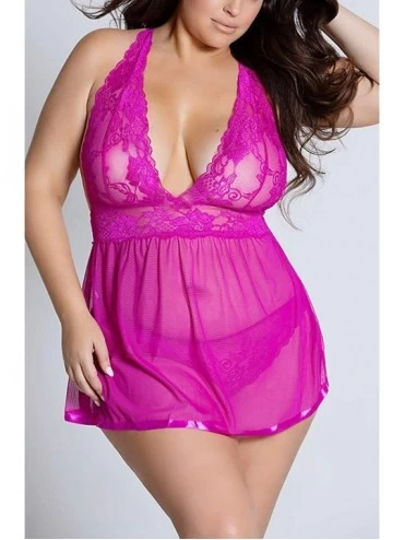 Baby Dolls & Chemises Open Back Lingerie Lace Babydoll Sleepwear Plus Size - Fuchsia - CT18RQ6AEYQ $15.64