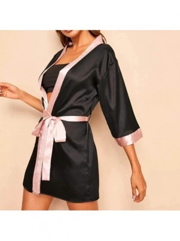 Nightgowns & Sleepshirts Women's Long Sleeves Satin Silky Sleepwear Nightgowns Pajamas with Belt Pure Color Kimono Bathrobes ...