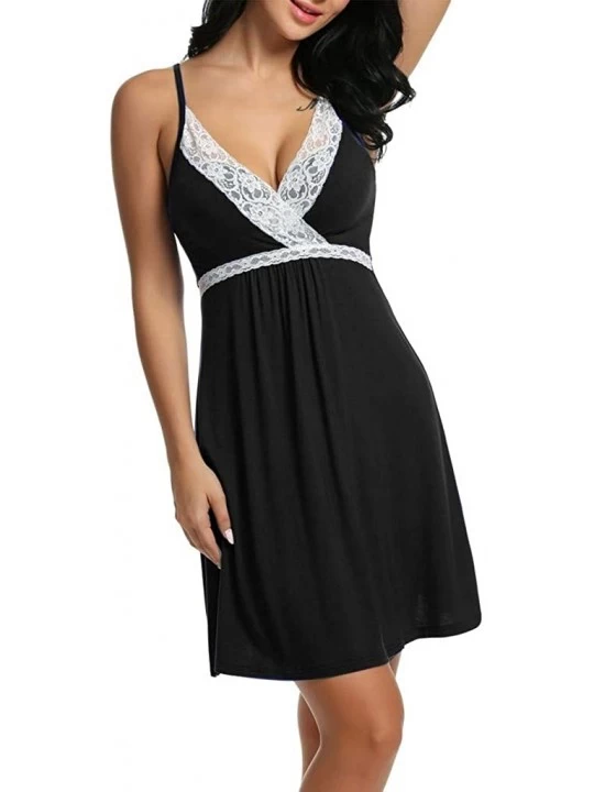 Baby Dolls & Chemises Women Sexy Nightdress Ladies Lace V-Neck Sling Chemise Casual Babydoll Sleepwear Underwear - Black - CU...