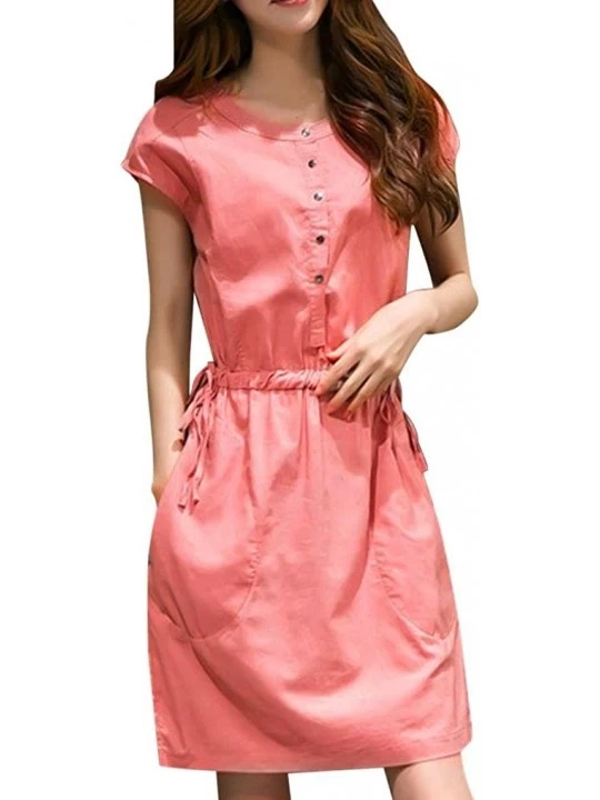 Tops Button Down Shirt Dress for Women Elegant Knee Length Short Sleeve Dresses Party - Pink - CP18GUQG7ZG $13.74