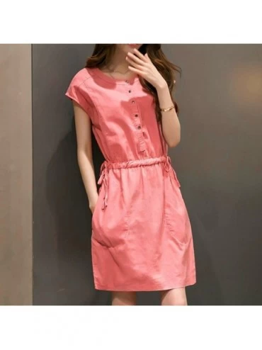 Tops Button Down Shirt Dress for Women Elegant Knee Length Short Sleeve Dresses Party - Pink - CP18GUQG7ZG $13.74