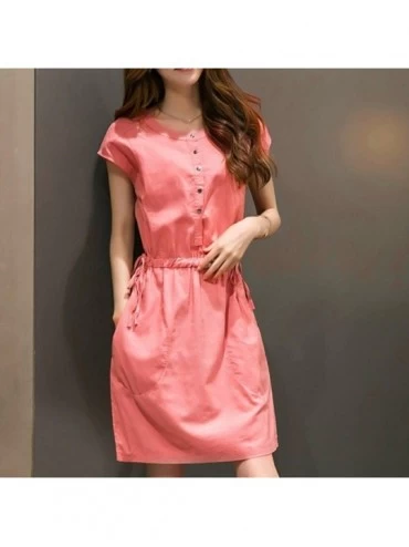 Tops Button Down Shirt Dress for Women Elegant Knee Length Short Sleeve Dresses Party - Pink - CP18GUQG7ZG $13.74