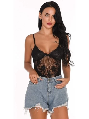 Baby Dolls & Chemises V-Neck Teddy Lingerie for Women One Piece Mesh Lace Jumpsuit Underwear Sleepwear Romper Slim Fit Pajama...